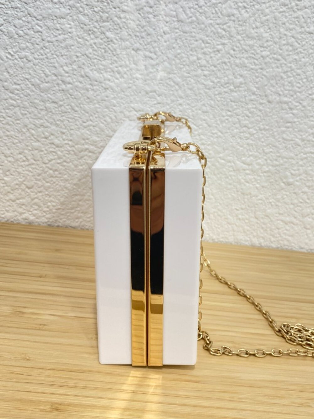 White Acrylic Box Clutch | Gold Chain Crossbody Evening Bag-Minimalist 90s Style - Picture 5 of 8